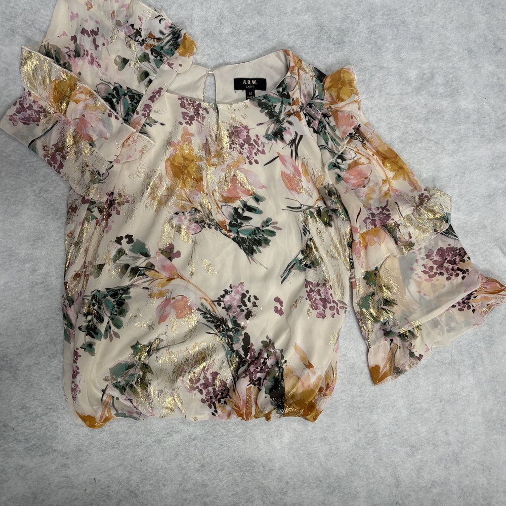 ABW Floral Cold-Shoulder Blouse in Cream with Pink & Gold Accents